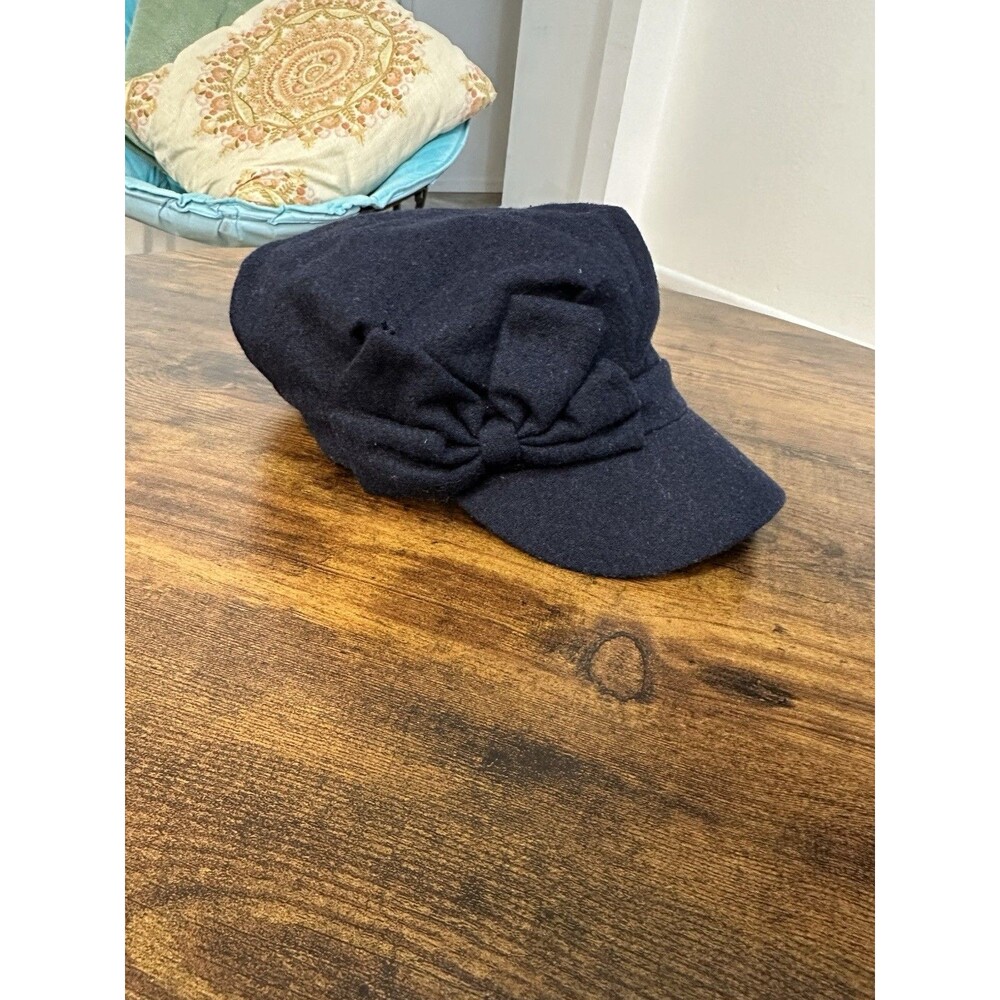 Y2K Hat Ladies/Jrs Navy Wool Blend Newsboy Bow Accent Trendy Cabbie Retro Cap